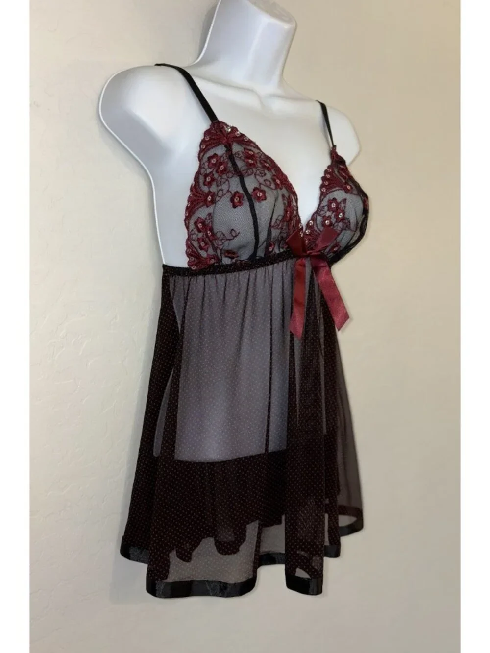 Y2K Goth Black & Burgundy Polka Dot Mesh‎ Babydoll Lingerie with Sequin Lace S